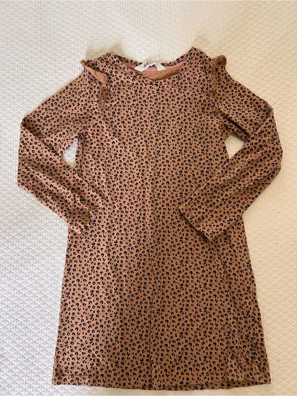 H&M Girls Long Sleeve Leopard Print Ruffle Detail Dress • 6-8